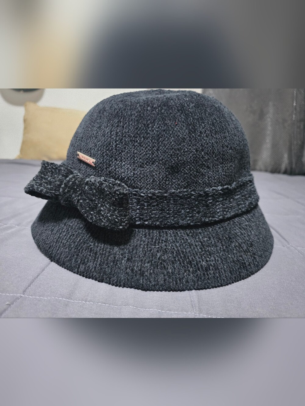 Nine West Dark Navy Textured Bucket Hat with Bow Accent